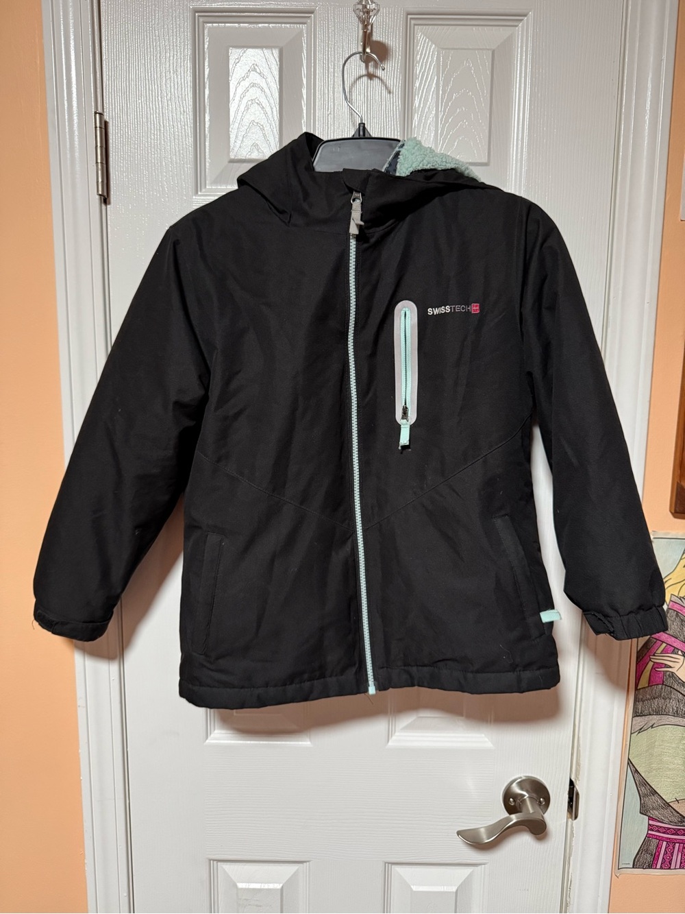 4 in 1 Swiss Tech Black Girls' Puffer Jacket with Mint Accents